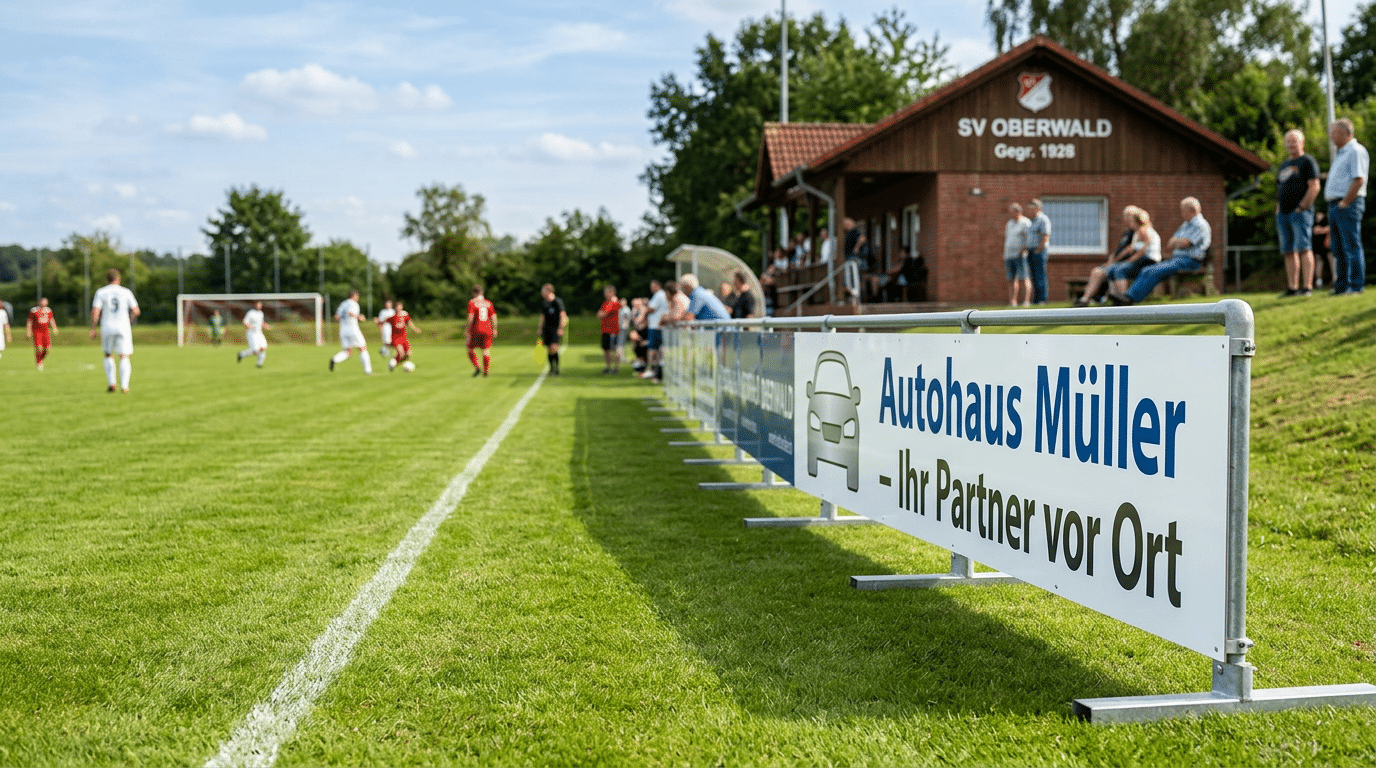 Neue Bandenwerbung eines Autohauses am Spielfeldrand eines deutschen Amateurvereins – frisch gedruckte Werbebande in Blau und Weiß mit der Aufschrift Autohaus Müller Ihr Partner vor Ort