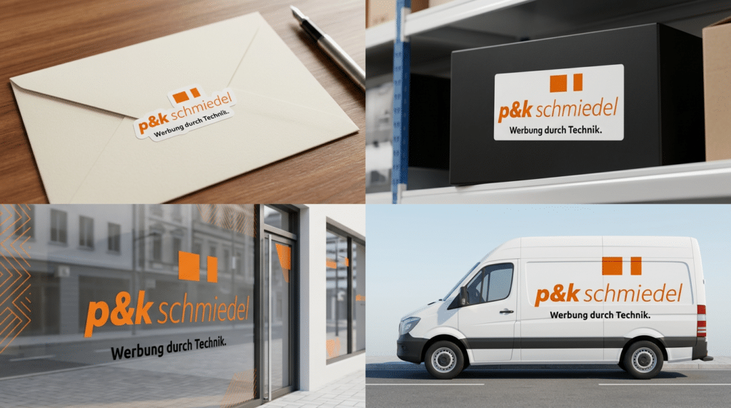 Professionelle Aufkleber von p&k schmiedel auf Brief, Produktverpackung, Schaufenster und Firmenfahrzeug – Werbetechnik Braunschweig