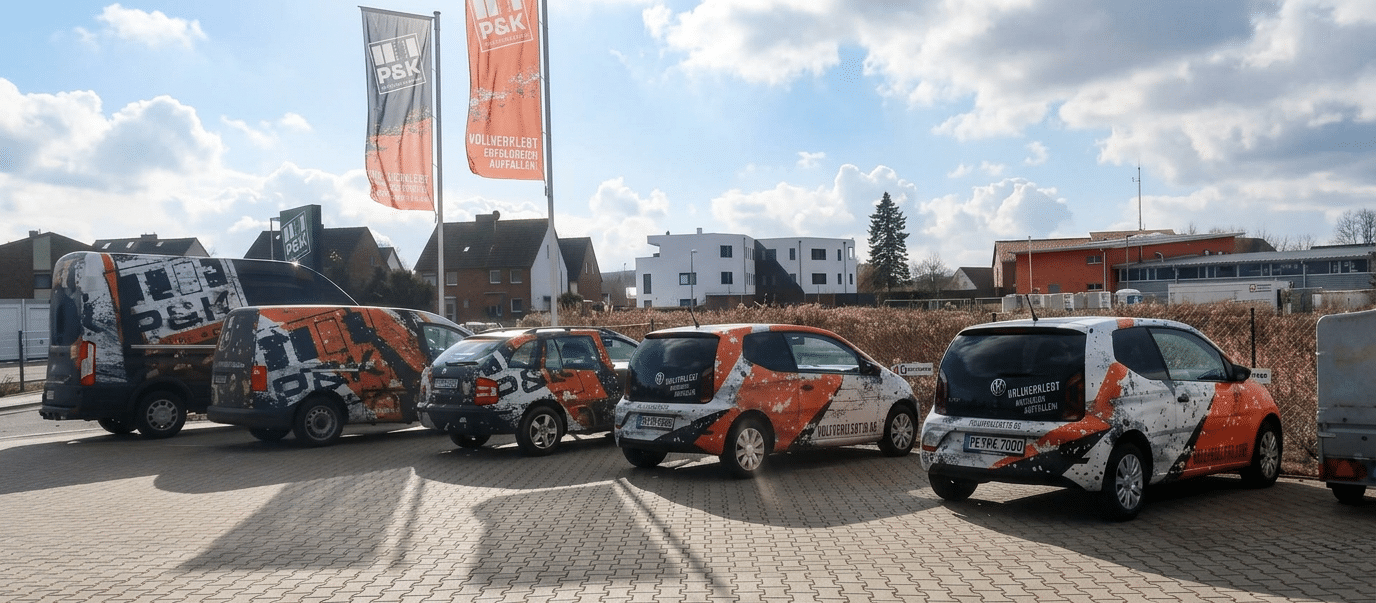 Flottenbeklebung P&K Schmiedel – beklebte Fahrzeuge mit Vollverklebung auf dem Firmenparkplatz in Braunschweig